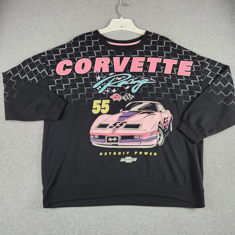 General Motors Sweatshirt Women XXL Black Corvette Racing Graphic Retro Pullover